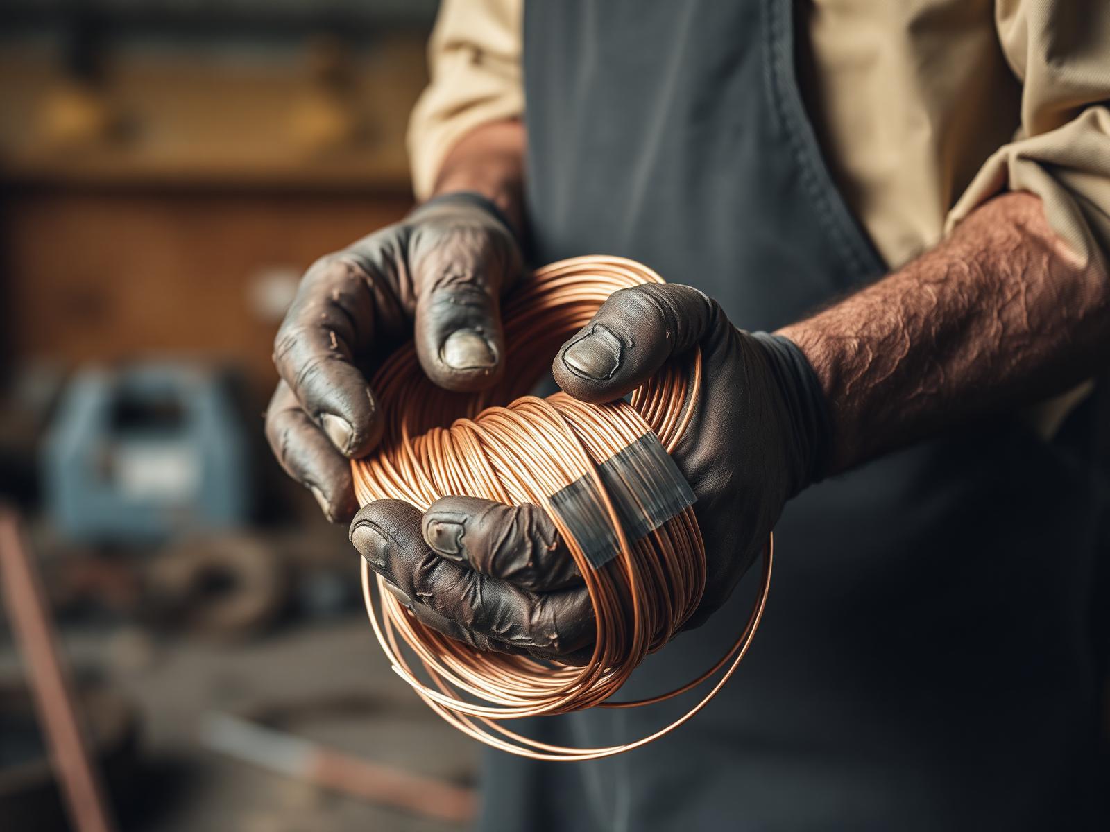 Hands of a Dabal & Sons worker holding bright copper wire